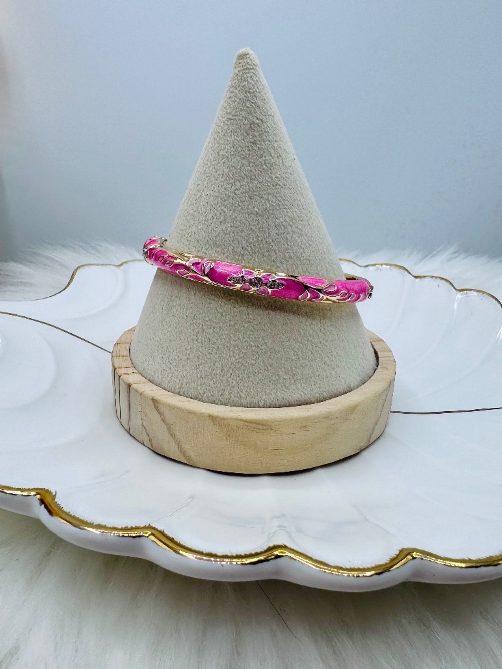 Pink Enamel Gold-Tone Floral Cloisonne Bangle Bracelet